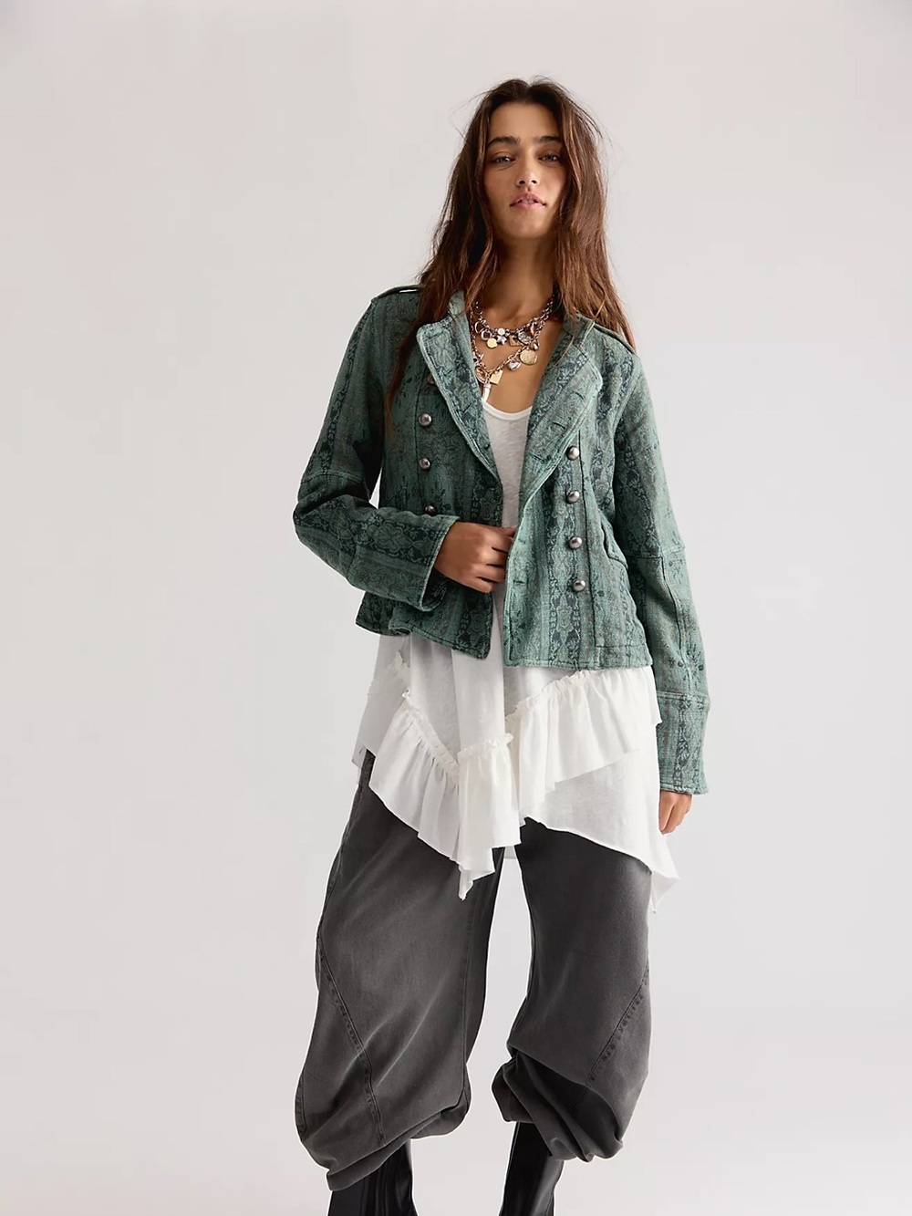 Free people Lotty Jacquard Band Jacket steel sea